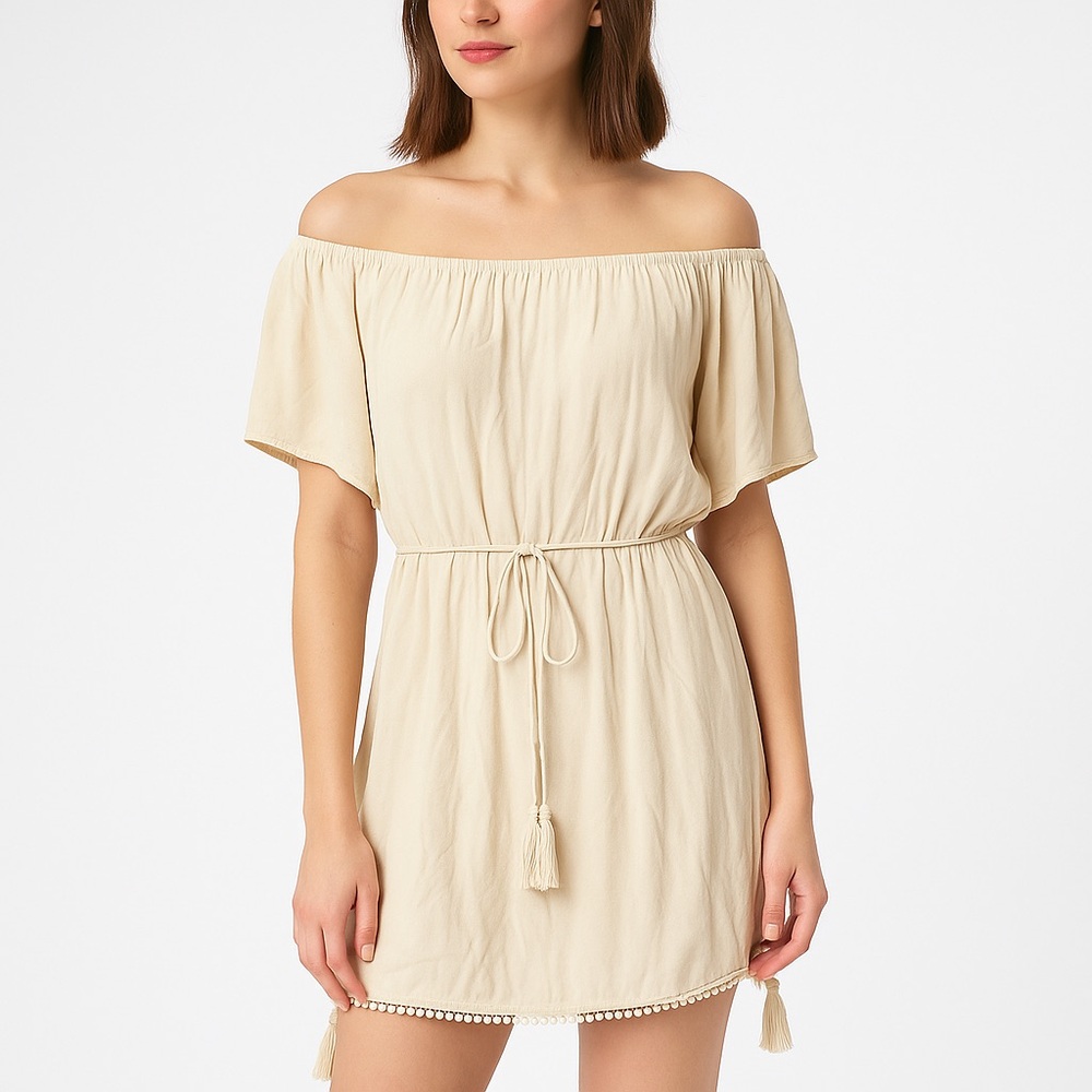 Echo Off-Shoulder Tassel Tie Cream Mini Dress L/XL Boho Beach Viscose